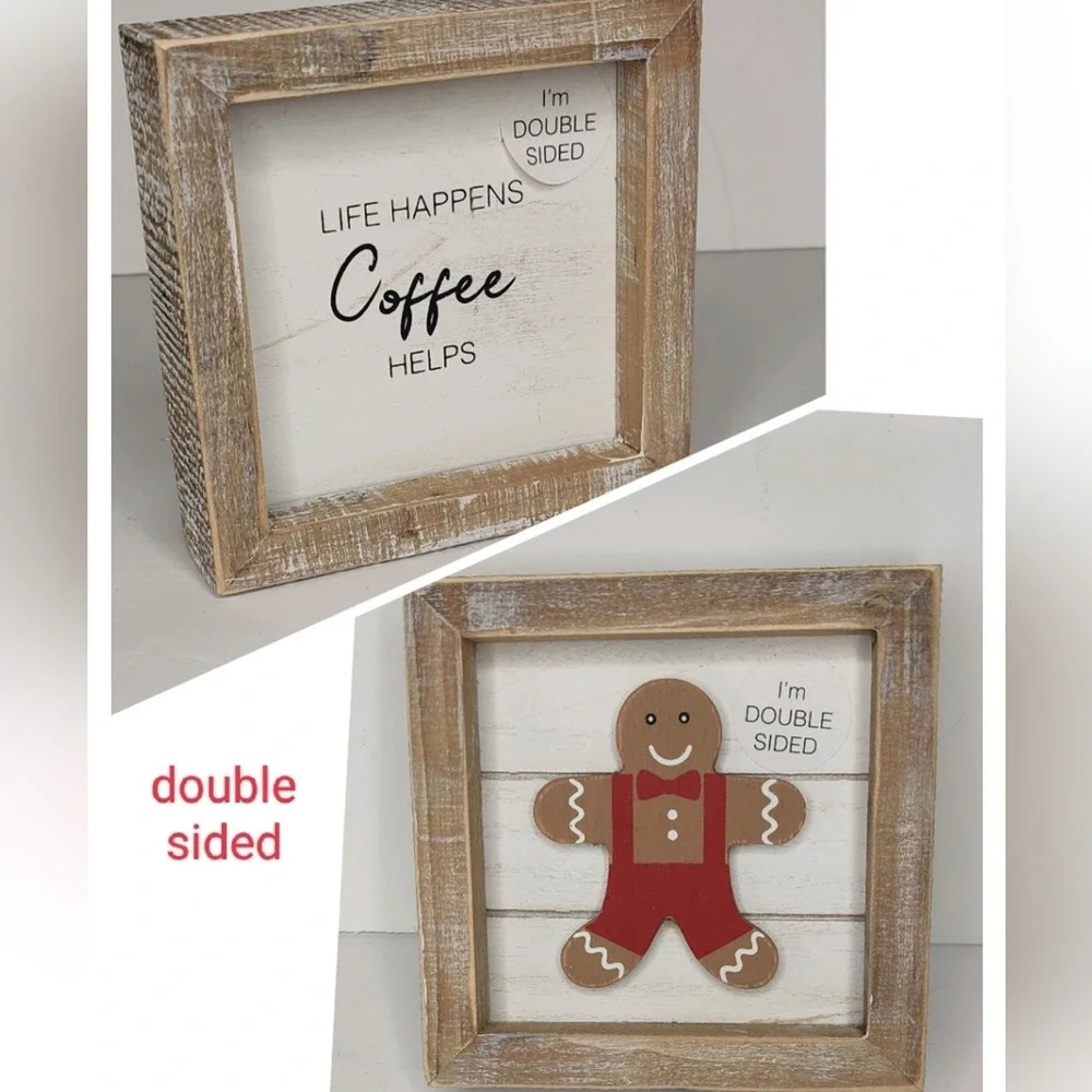 Gingerbread Man‎ Wooden Tabletop Decor Sign Tiered Tray Coffee On Reverse Side